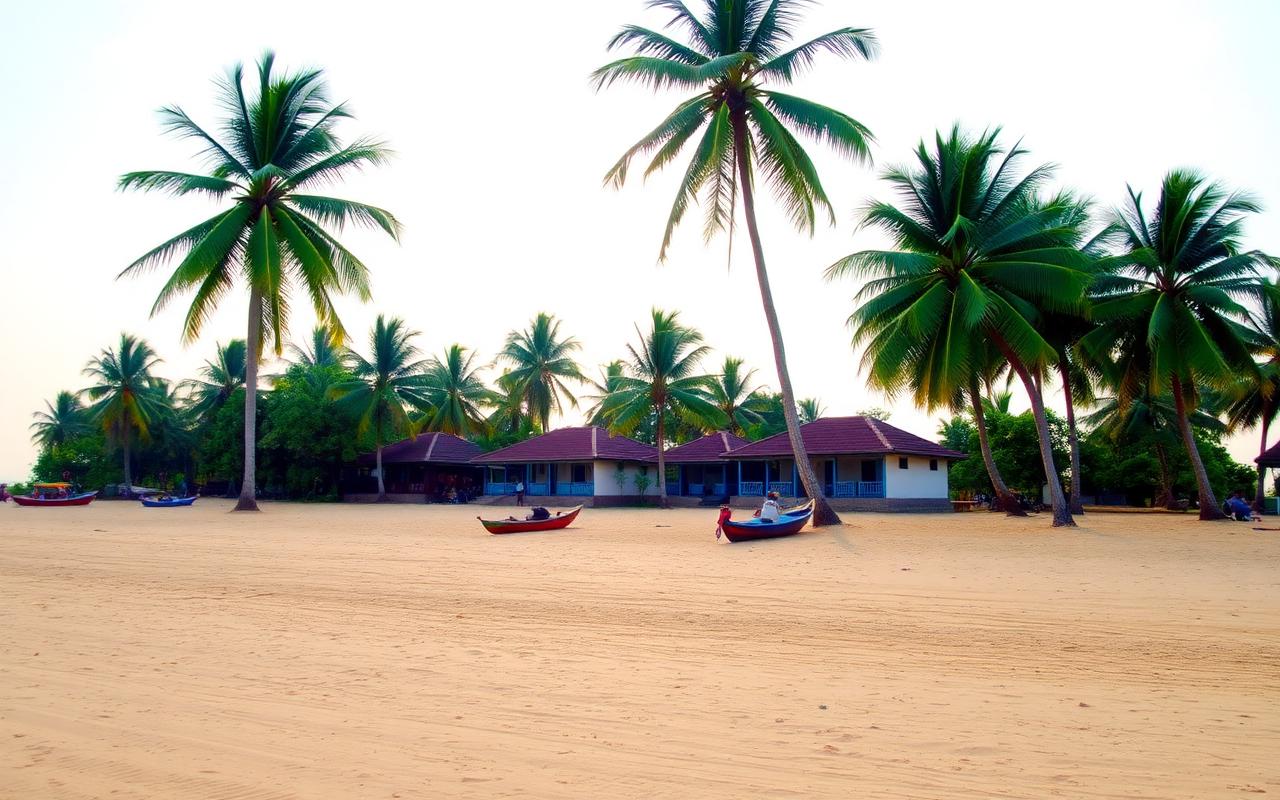 Akurala Beach Sri Lanka quiet south coast with empty stretch of golden sand, palm trees, small fishing boats, gentle waves and simple local guesthouses