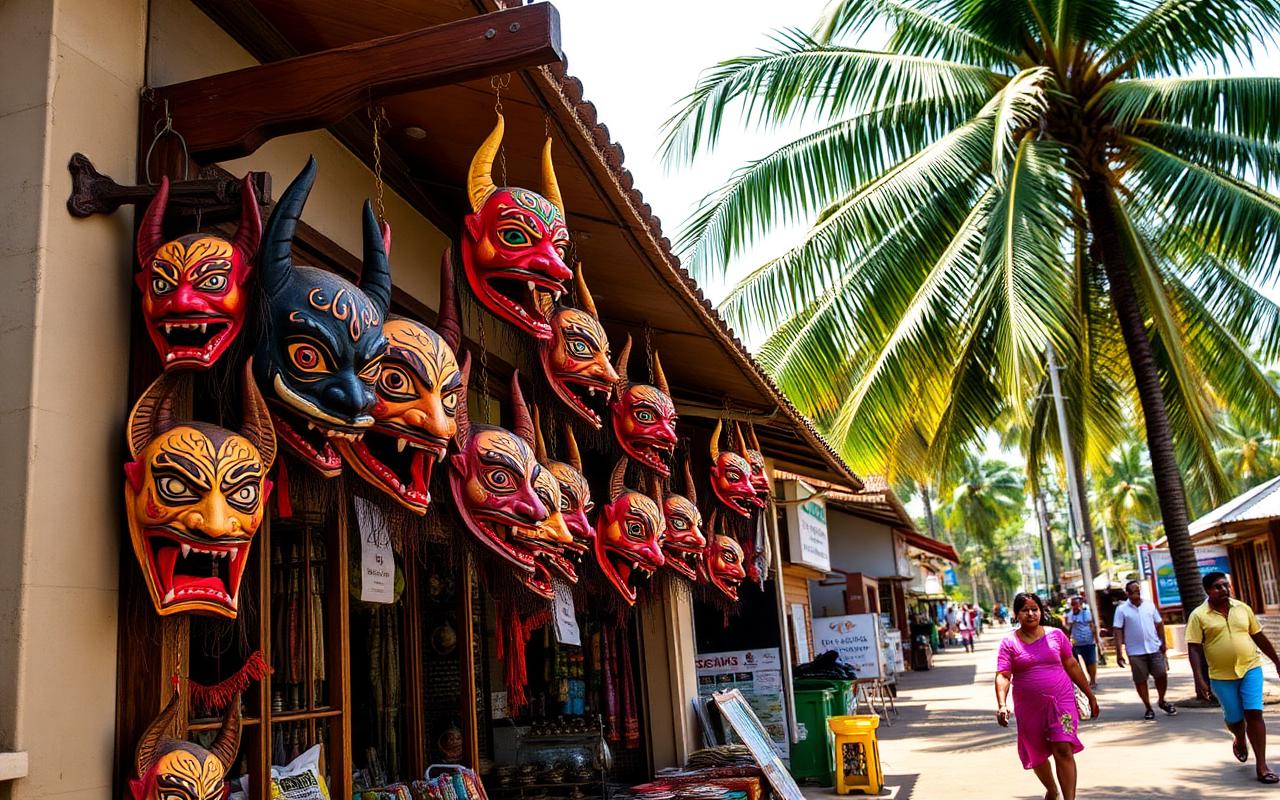 Ambalangoda Sri Lanka south coast town with traditional mask shop displaying colourful wooden devil masks, low-rise shopfronts, palm trees and locals walking past