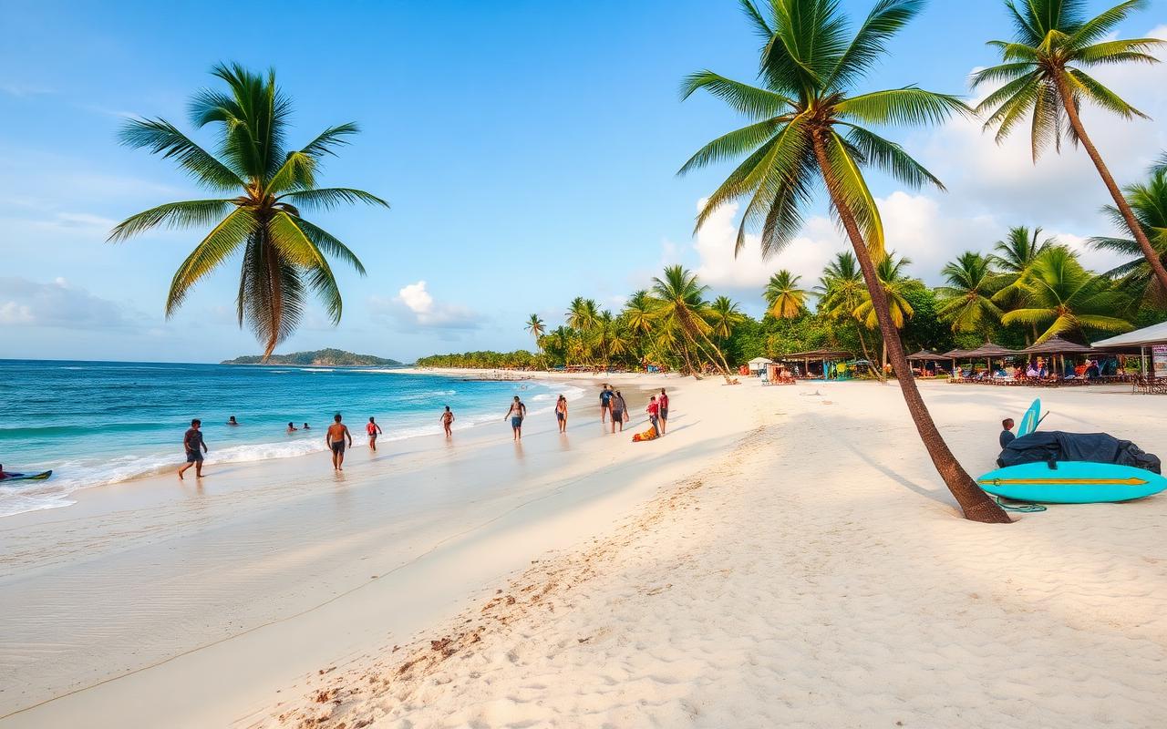 Hikkaduwa Beach Sri Lanka south coast in afternoon light with wide sandy beach, swimmers, palm trees leaning over white sand, calm shallow turquoise bay and casual beach restaurants