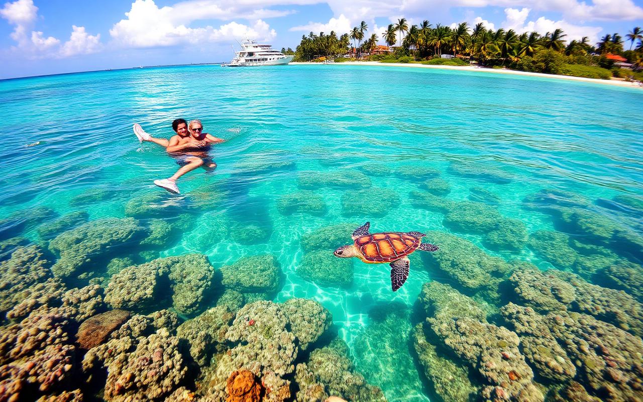 Hikkaduwa coral reef marine sanctuary Sri Lanka with snorkelers in clear shallow turquoise water above colorful coral and a sea turtle swimming