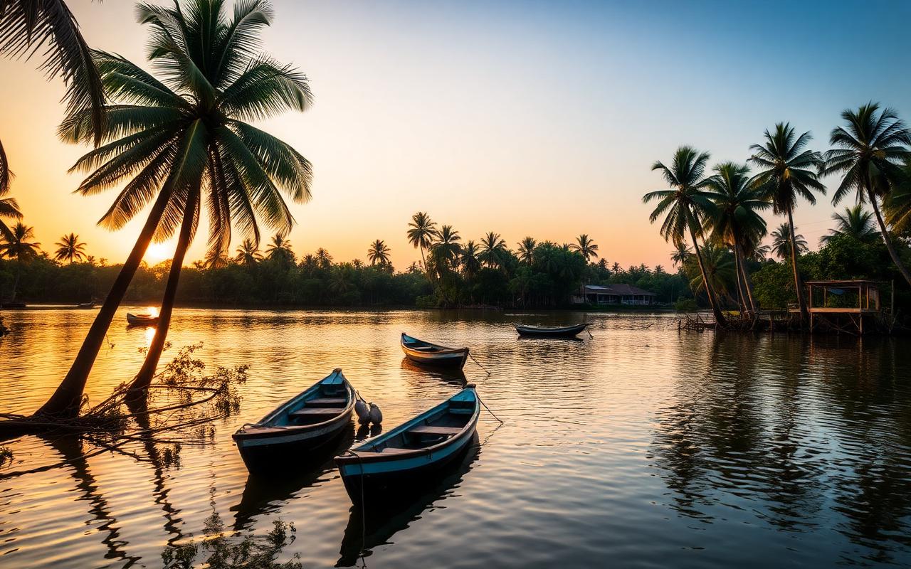 Dodanduwa lagoon Sri Lanka south coast at golden hour with calm mangrove lagoon, small wooden fishing boats, palm trees and a quiet coastal village