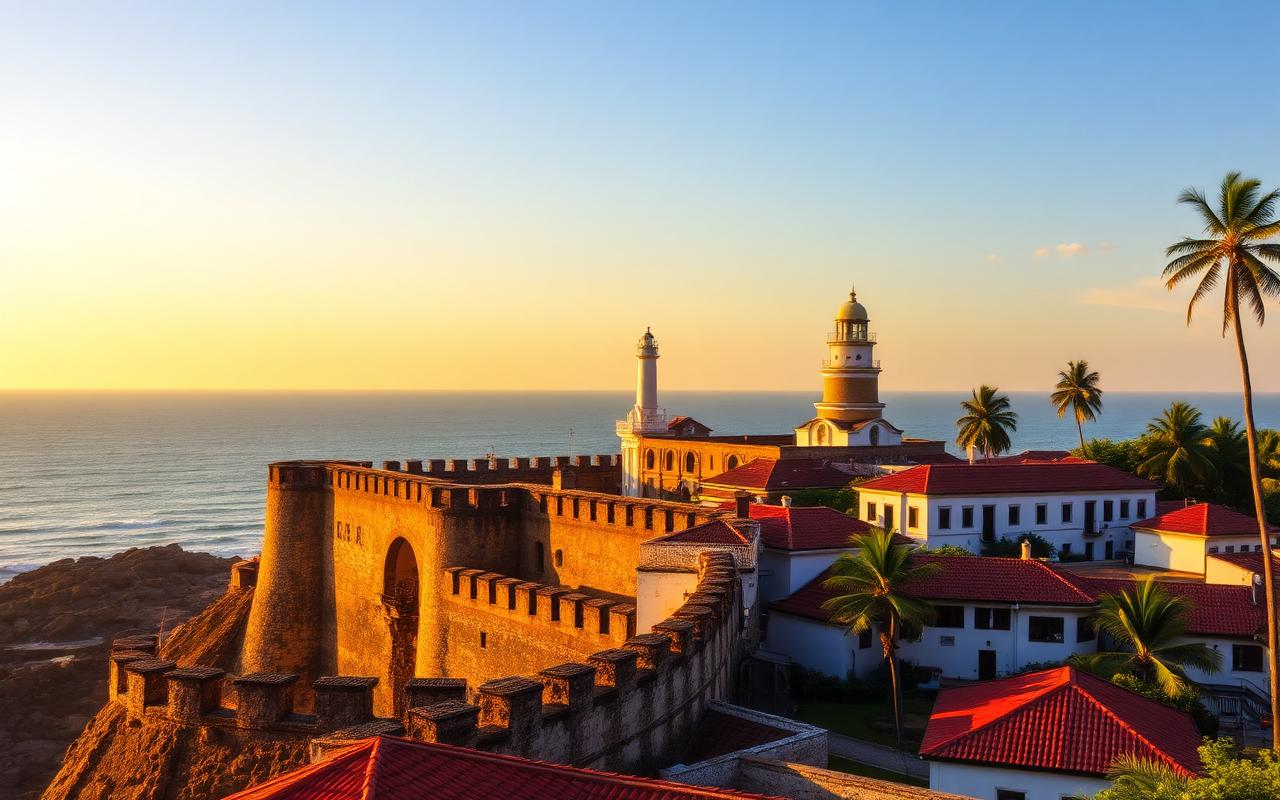 Galle Fort Sri Lanka at golden hour with historic Dutch-era ramparts, white lighthouse, colonial buildings with terracotta roofs, palm trees and ocean behind