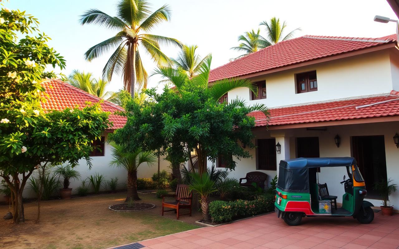 Family-run guesthouse in Hikkaduwa Sri Lanka with whitewashed walls, terracotta-tiled roof, leafy garden with palm trees, wooden chairs on a verandah and a parked tuk-tuk