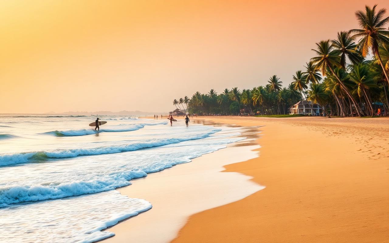 Narigama Beach Hikkaduwa Sri Lanka at sunset with longer stretch of golden sand, surfers walking with longboards, palm trees and small guesthouses behind the beach