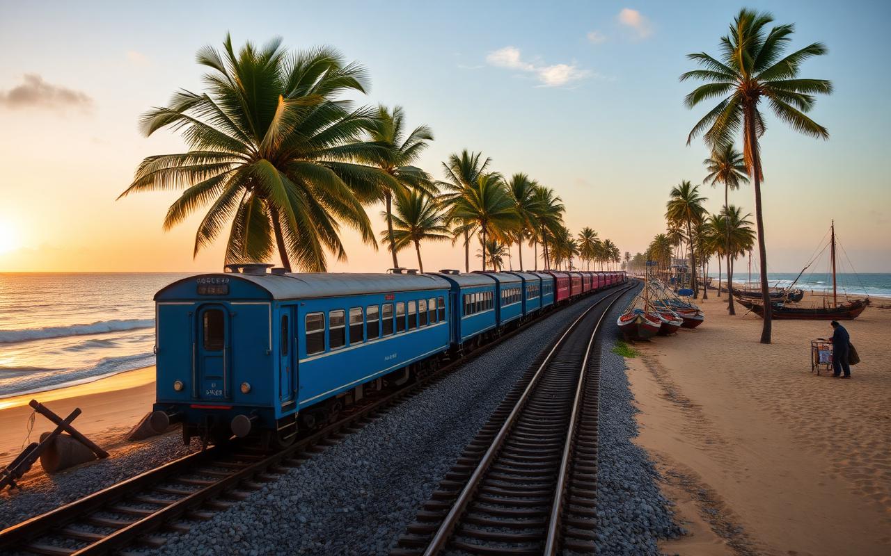 Hikkaduwa coastal railway Sri Lanka with blue Sri Lankan train running along palm-lined tracks beside the Indian Ocean at golden hour