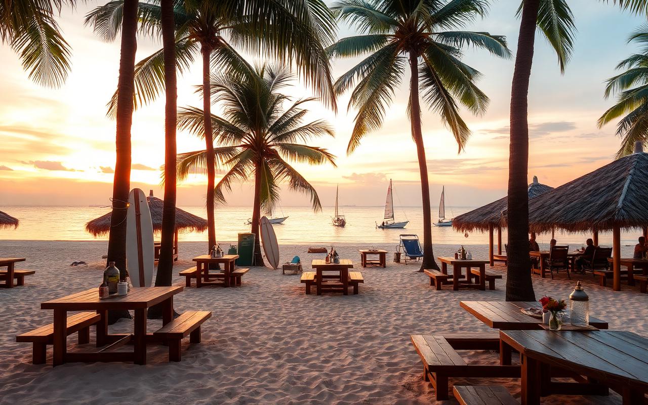 Beach restaurant in Hikkaduwa Sri Lanka at sunset with wooden tables on the sand, surfboards leaning against palm trees and outrigger sailing boats offshore