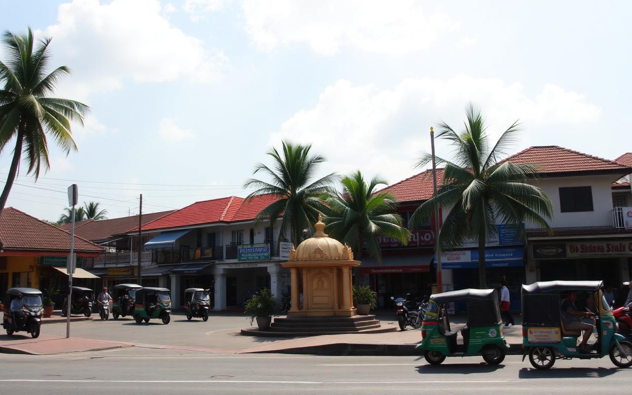 Hikkaduwa town centre Sri Lanka along the Galle Road with low-rise shops, tuk-tuks and motorbikes, a small Buddhist roadside shrine and palm trees in afternoon light
