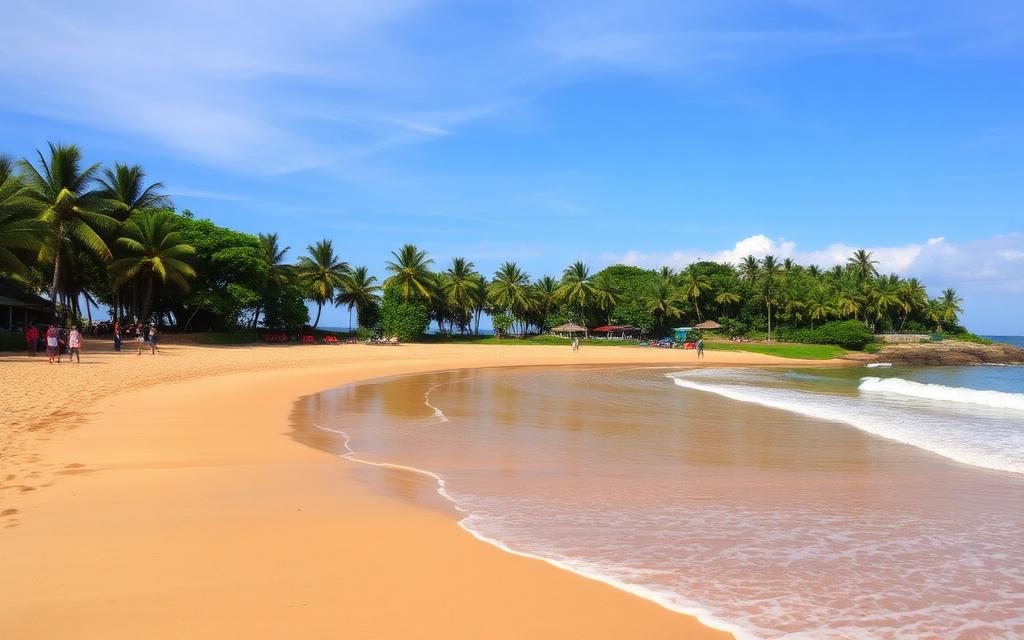 Hiriketiya Beach Sri Lanka small curved horseshoe bay with golden sand, palm trees, gentle surf and beginner surfers in afternoon light