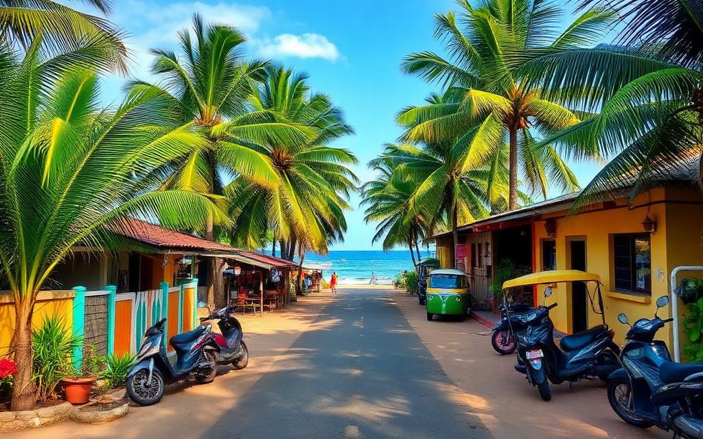Hiriketiya Beach Road Sri Lanka narrow palm-lined road behind the bay with surf cafés, painted boutique guesthouses, parked scooters and tuk-tuks