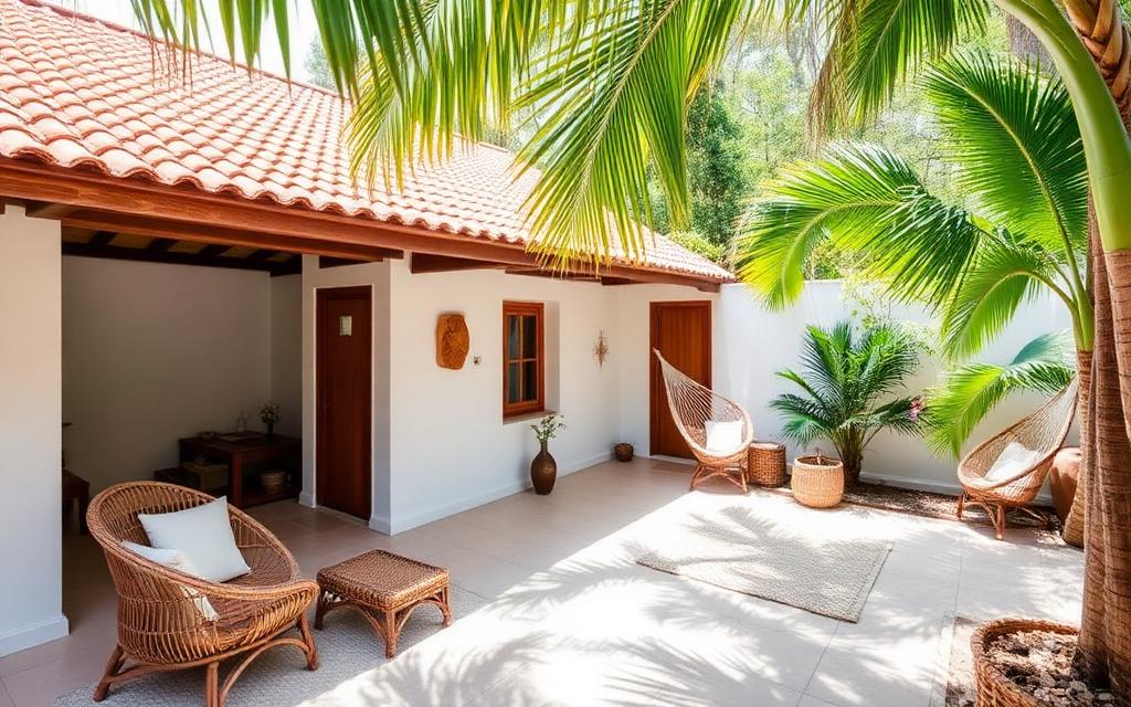 Boutique coastal guesthouse near Hiriketiya Sri Lanka with whitewashed walls, terracotta roof, leafy palm garden, hammock and natural minimalist style