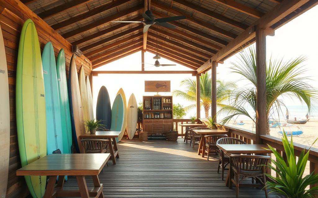 Surf-friendly guesthouse with café near Hiriketiya Beach Road Sri Lanka with surfboards, palm trees and casual beach atmosphere