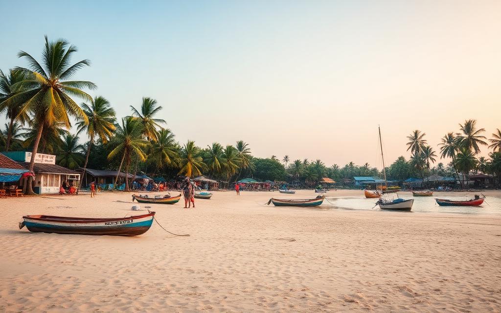 Dickwella Sri Lanka south coast town with wide sandy beach, palm trees, small fishing boats and casual local atmosphere at golden hour