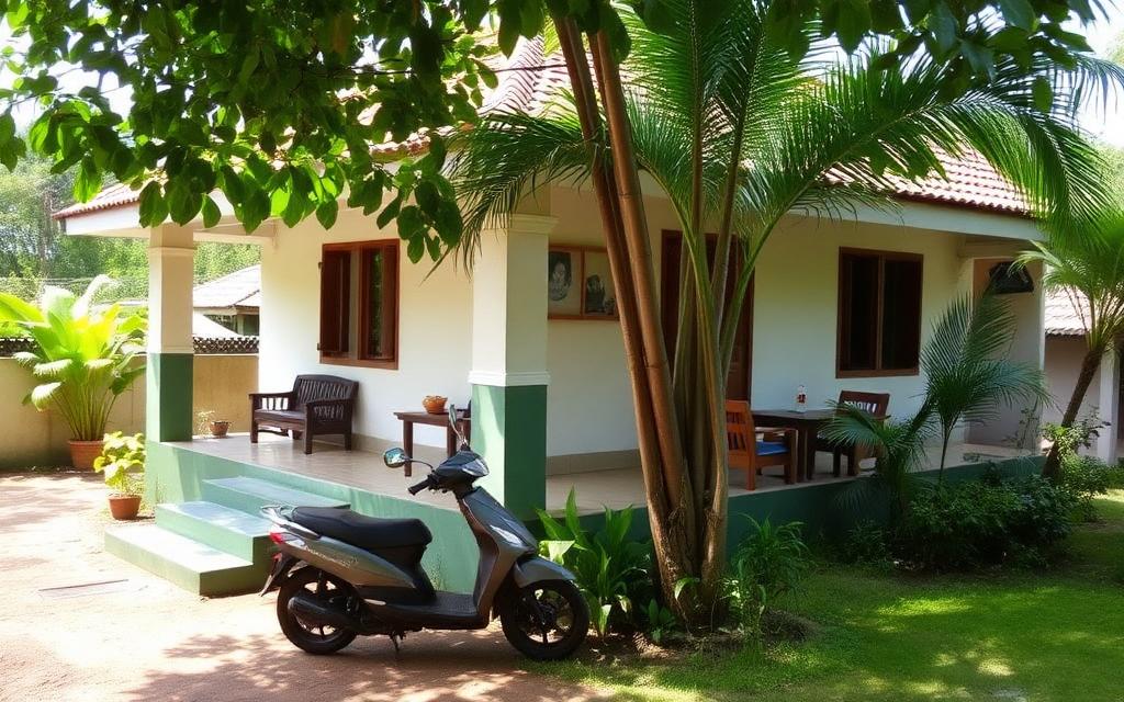 Family-run guesthouse near Hiriketiya Sri Lanka simple painted bungalow with leafy garden, palm trees, parked scooter and casual local atmosphere