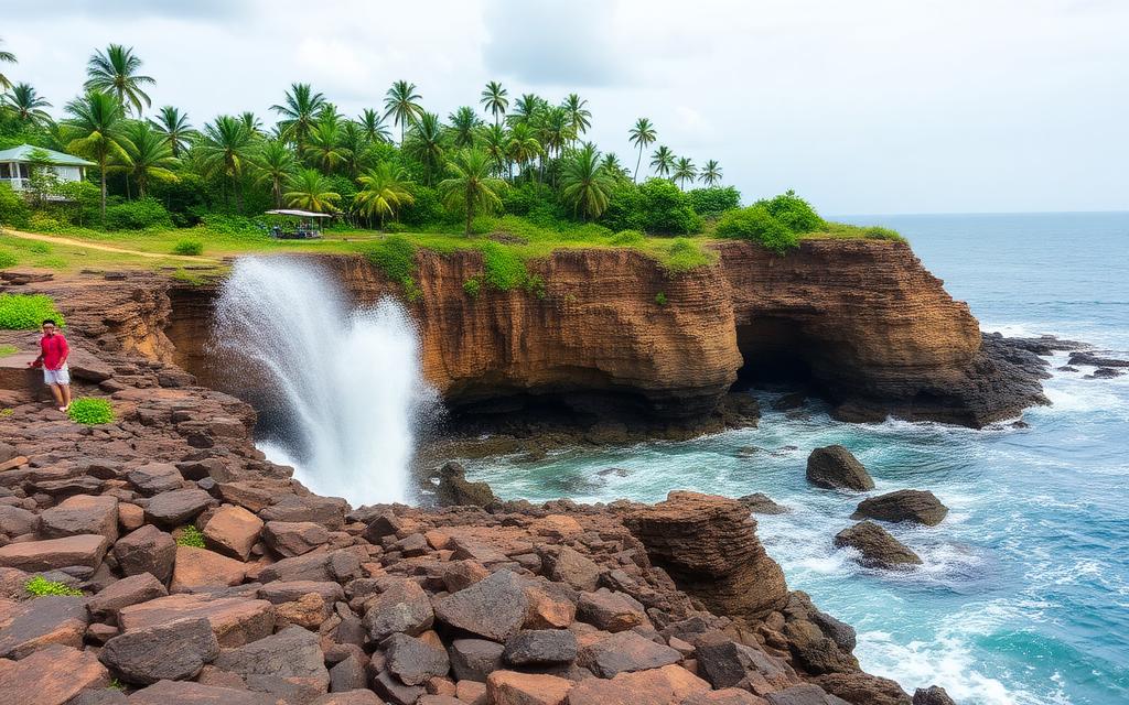 Kudawella Sri Lanka rocky coastal area near Hiriketiya with dramatic cliffs, ocean blowhole spray, palm trees and casual coastal atmosphere