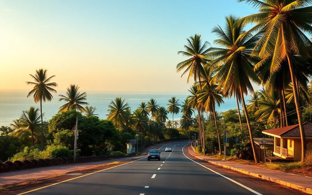 South coast Sri Lanka coastal road between Matara and Hiriketiya with palm trees, ocean view and small road-side guesthouses at golden hour