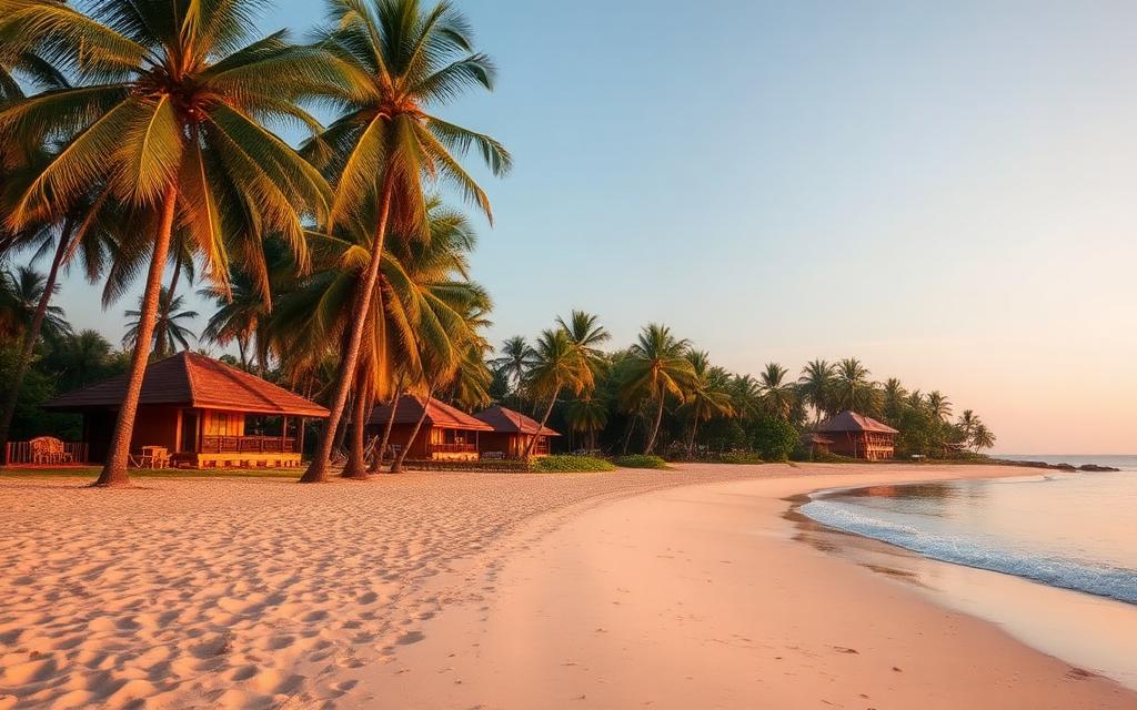 Mawella Beach Sri Lanka long quiet sandy beach with palm trees, secluded coastal villas behind palms and peaceful empty beach atmosphere