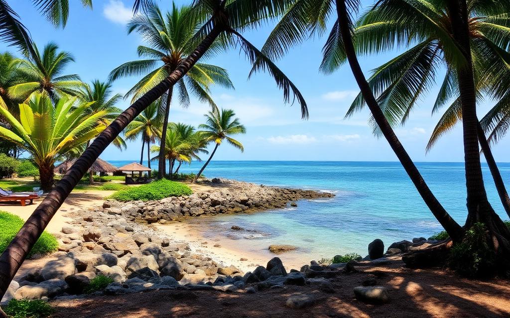 Nilwella Sri Lanka quiet rocky coastal stretch near Hiriketiya with palm trees, boutique villa hidden behind palms and calm turquoise sea