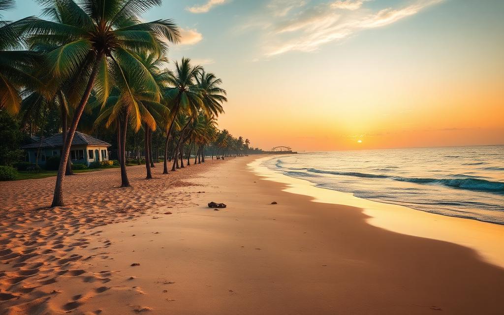Tangalle Sri Lanka long quiet beach with palm trees, soft golden sand, low waves and distant luxury villa at golden hour