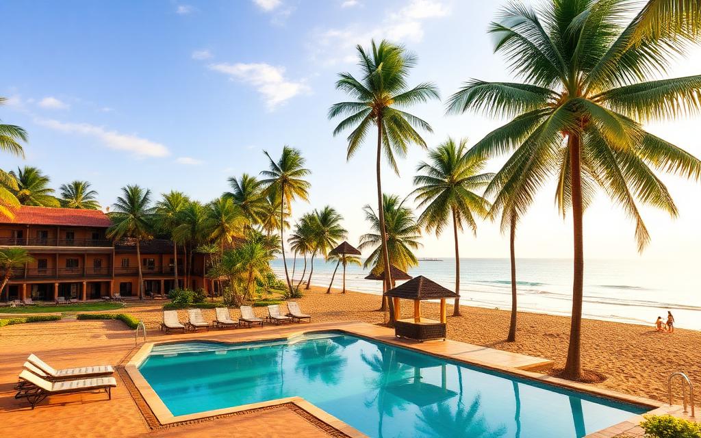 Ahungalla beach Sri Lanka large west coast beach resort with palm trees, golden sand, calm Indian Ocean and pool deck in warm afternoon light