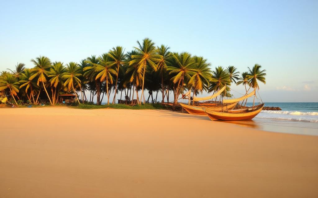 Induruwa Beach Sri Lanka quiet golden west coast sand with tall coconut palms, calm Indian Ocean and a wooden fishing catamaran in warm afternoon light