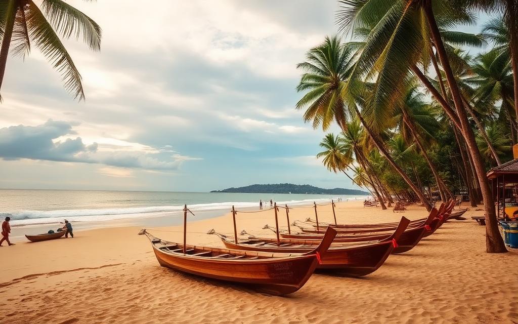 Bentota beach near Induruwa Sri Lanka classic west coast beach resort with palm trees, golden sand, calm Indian Ocean and wooden catamarans in soft golden light