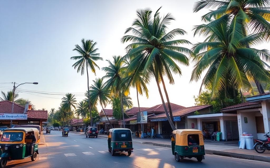 Central Induruwa Sri Lanka small local west coast town with palm trees, tuk-tuks and simple shops along Galle Road in warm afternoon light