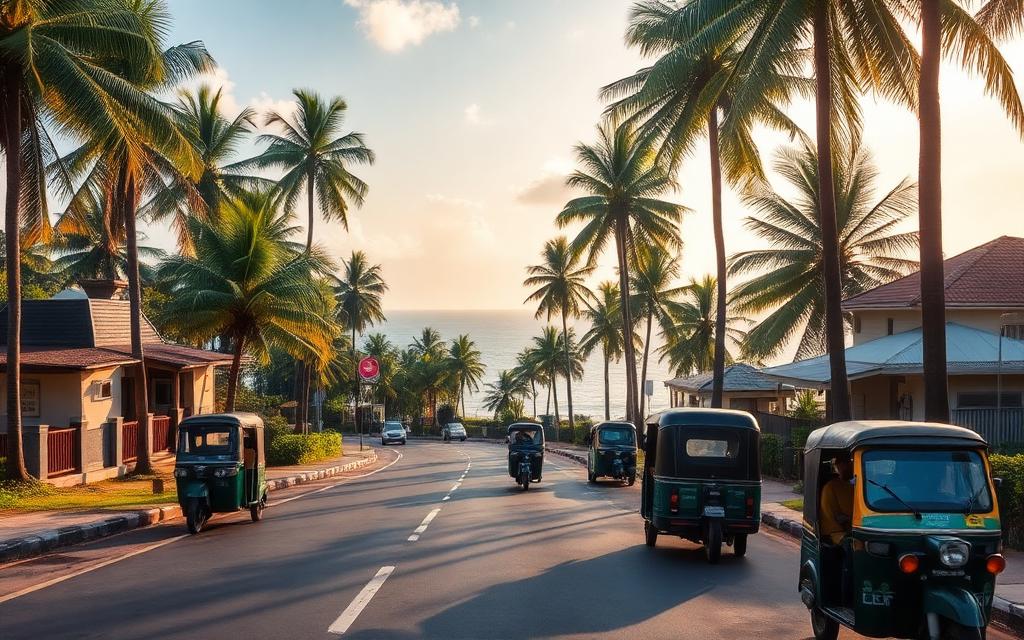 Sri Lanka west coast Galle Road near Induruwa with palm-lined coastal road, tuk-tuks, small local hotels and a glimpse of the Indian Ocean in warm afternoon light