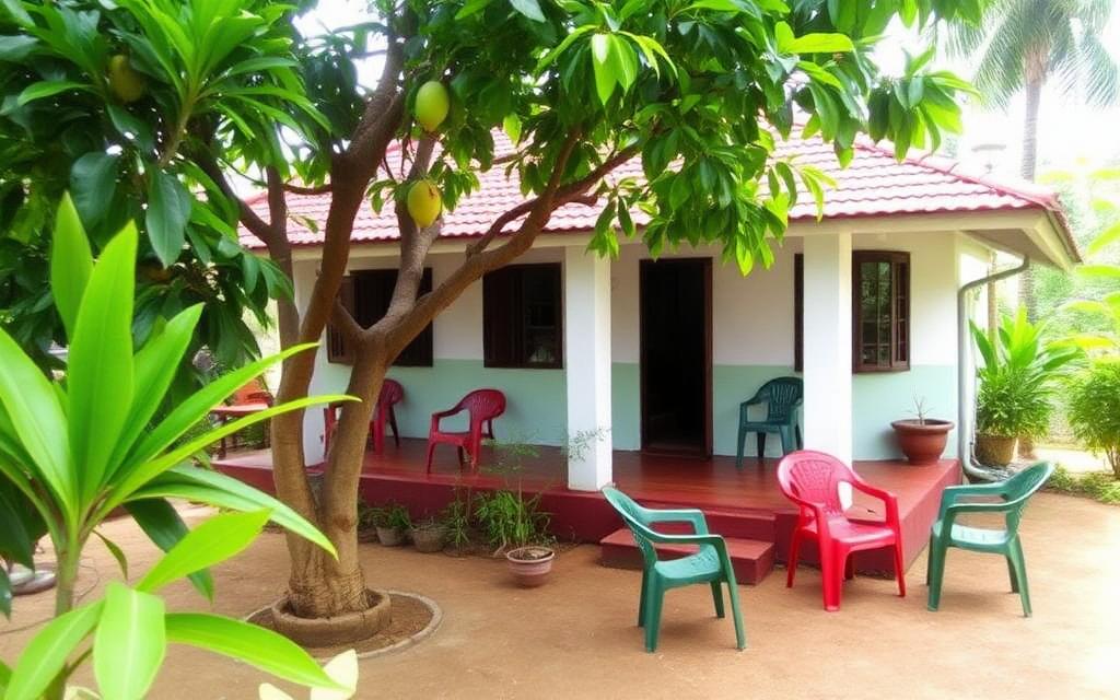 Family-run guesthouse reference near central Induruwa Sri Lanka with painted bungalow, garden and casual local atmosphere