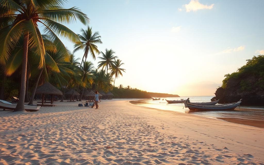 Kosgoda beach near Induruwa Sri Lanka quiet west coast sand with coconut palms, sea turtle conservation hatchery and small fishing boats in warm afternoon light