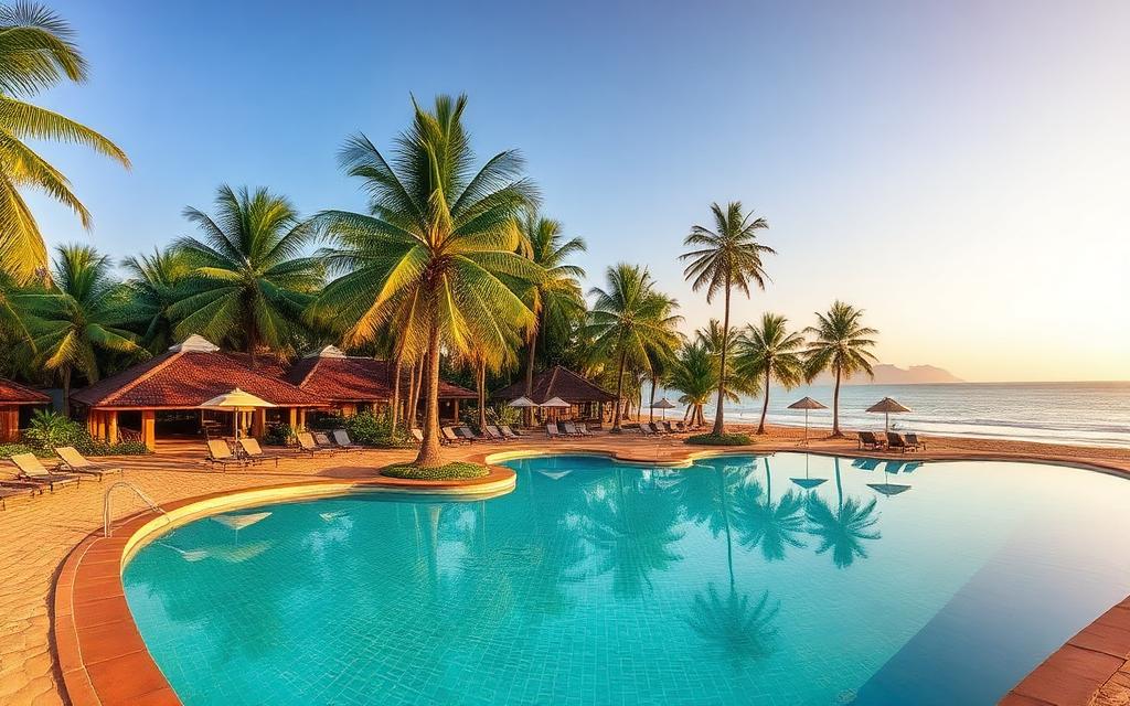 Family-friendly beach resort reference near Induruwa Sri Lanka with palm trees and large pool