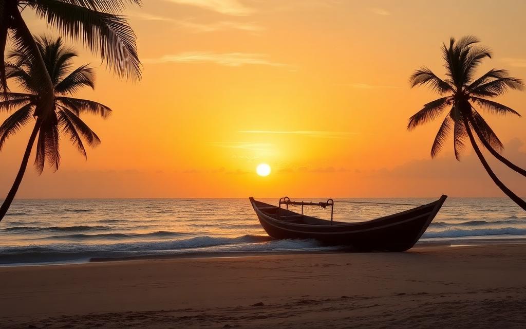 Sunset over Induruwa Beach Sri Lanka with palm trees, golden sky and a wooden fishing catamaran on the shore