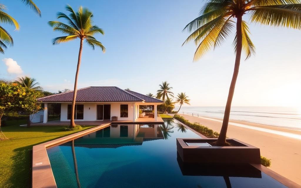 Boutique villa near Induruwa Beach Sri Lanka small white villa with infinity pool, palm trees and direct beach access in warm late afternoon light