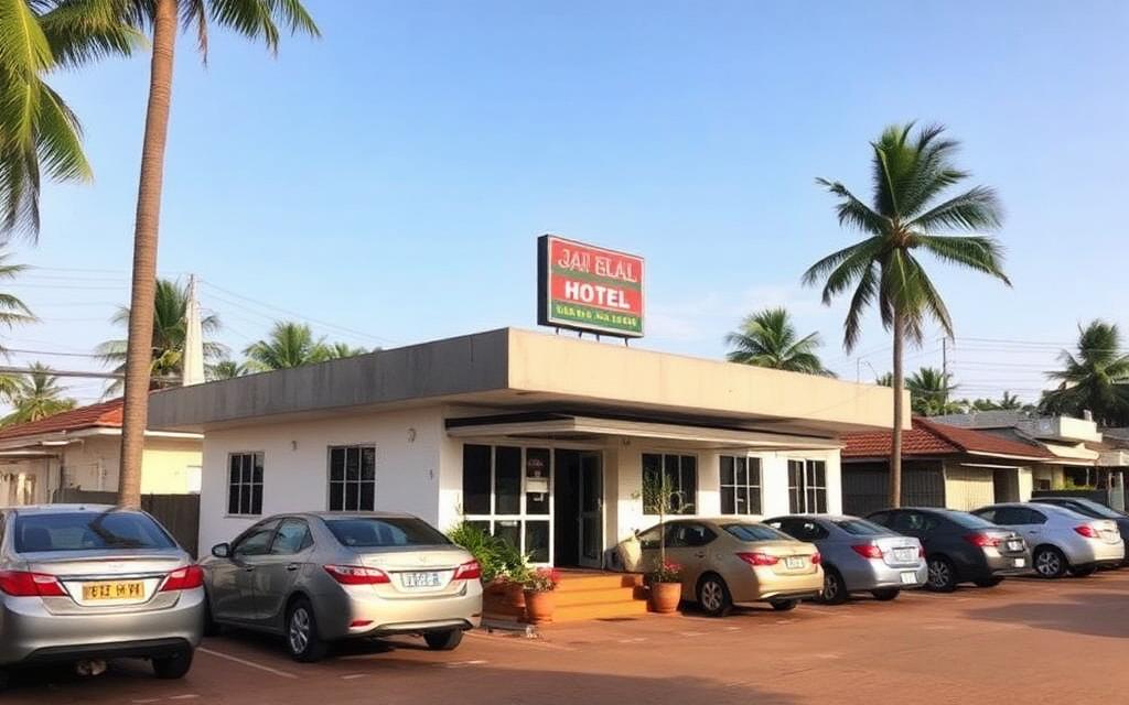 Small business hotel reference in Ja-Ela Sri Lanka with parking, modest facade and palm trees