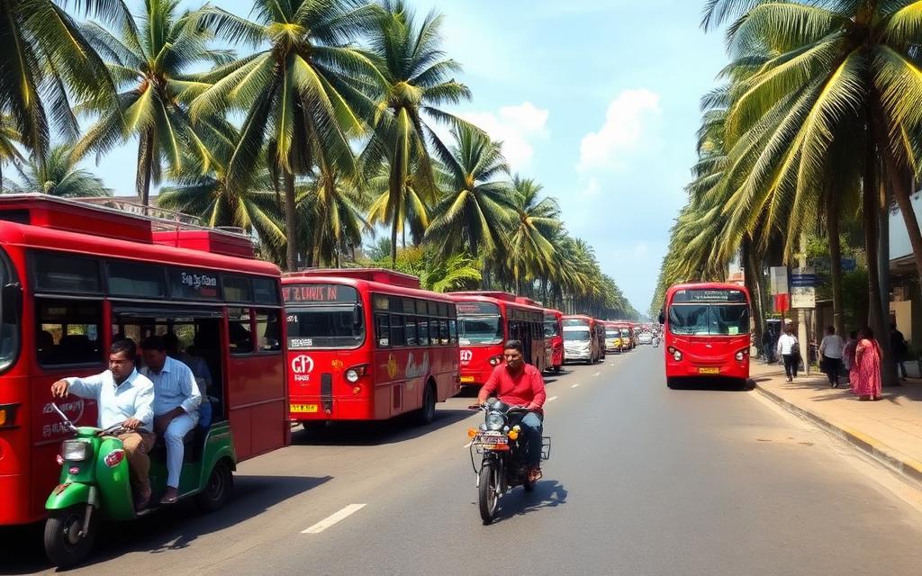 Ja-Ela bus stand area in Sri Lanka with red buses, passengers and palm trees