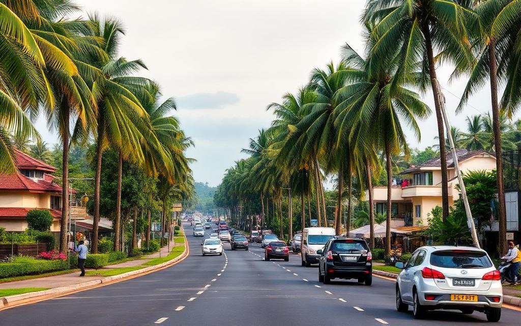 Colombo road south of Ja-Ela through Wattala Sri Lanka with palm trees and traffic