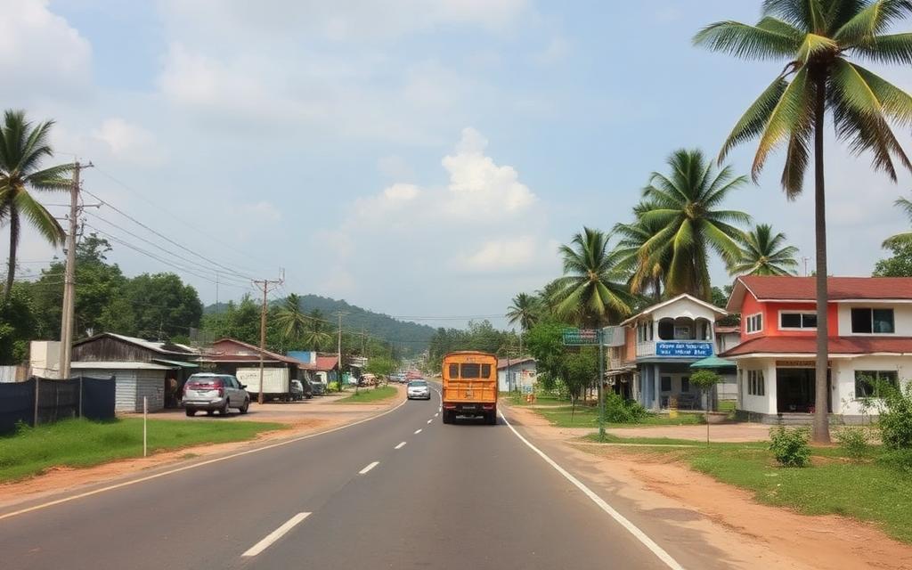 Ekala industrial road near Ja-Ela Sri Lanka with small factories, trucks and palm trees