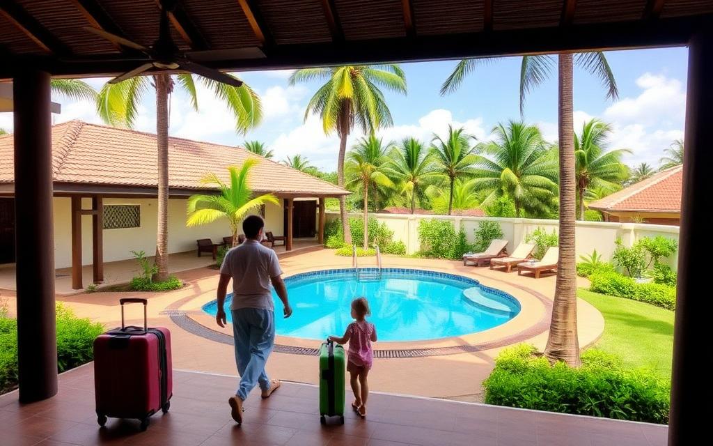 Family resort reference in Ja-Ela Sri Lanka with pool, palm trees and family arriving with luggage