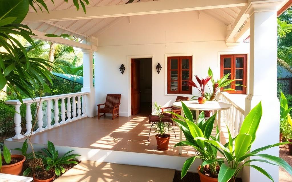 Simple family-run guesthouse in Ja-Ela Sri Lanka with white facade, veranda and tropical garden
