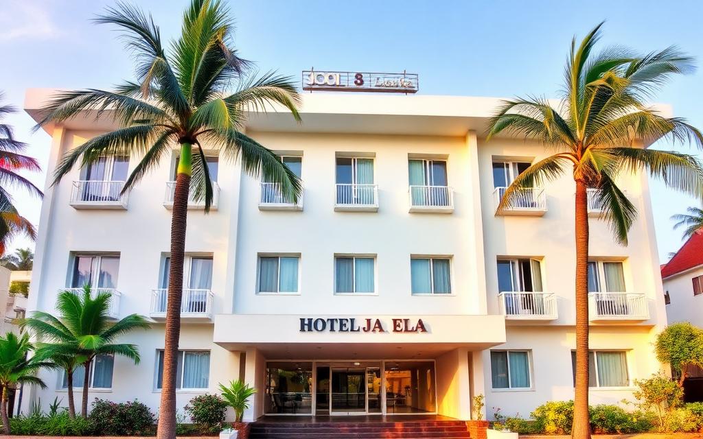 Mid-range town hotel reference in Ja-Ela Sri Lanka with white facade, palm trees and central setting