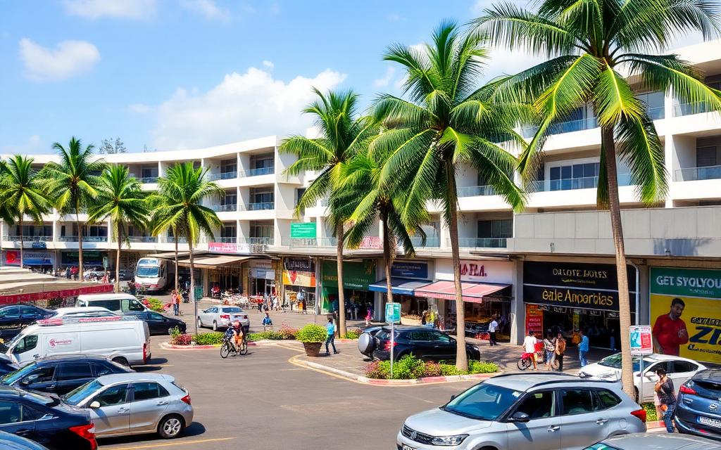 Commercial shopping plaza area in Ja-Ela Sri Lanka with multi-storey building, parking and palm trees