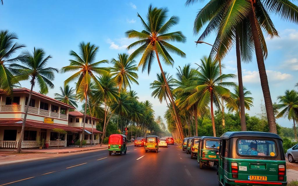 Negombo road corridor near Ja-Ela Sri Lanka with palm trees, roadside hotels and tuk-tuks