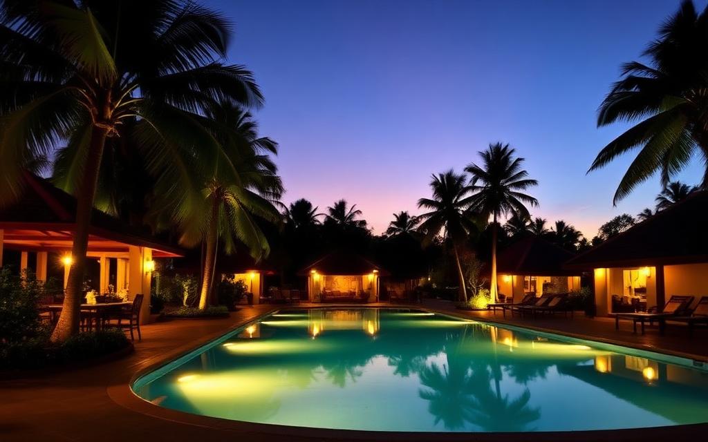 Resort with pool reference in Ja-Ela Sri Lanka with palm trees and warm evening lights