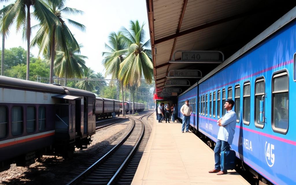 Ja-Ela railway station Sri Lanka with platform, train and passengers carrying luggage