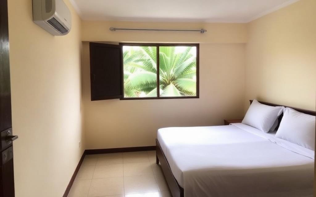 Simple room reference in Ja-Ela Sri Lanka with AC unit, bed and window opening to palm trees