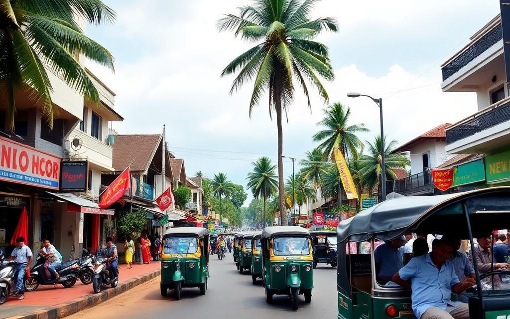 Ja-Ela town centre main street in Sri Lanka with shops, tuk-tuks and palm trees during the day