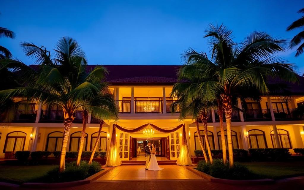 Elegant wedding hall and banquet hotel in Ja-Ela Sri Lanka at evening with warm lights and palm trees