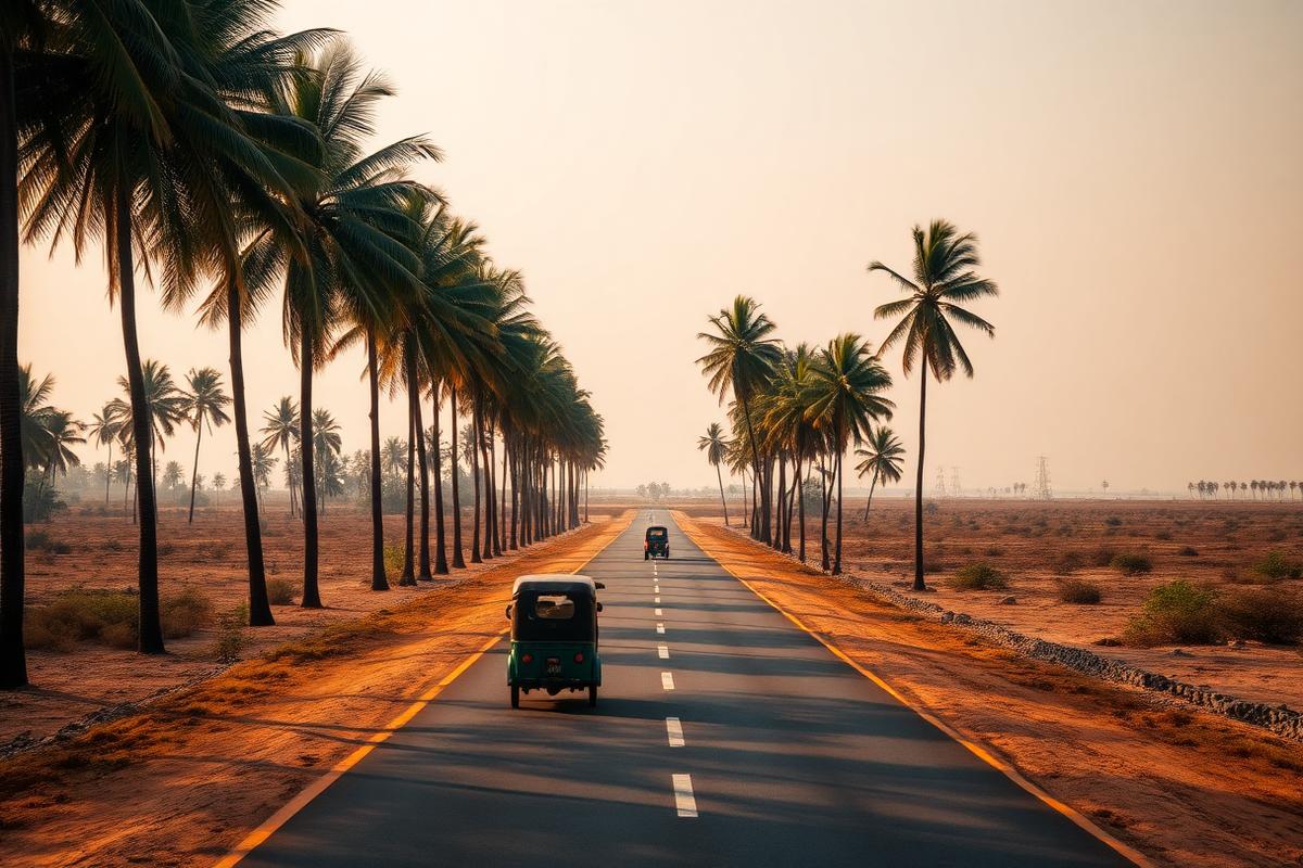 Ariyalai eastern Jaffna Sri Lanka open northern road lined with palmyrah palms and lagoon view in distance under calm late-afternoon golden light