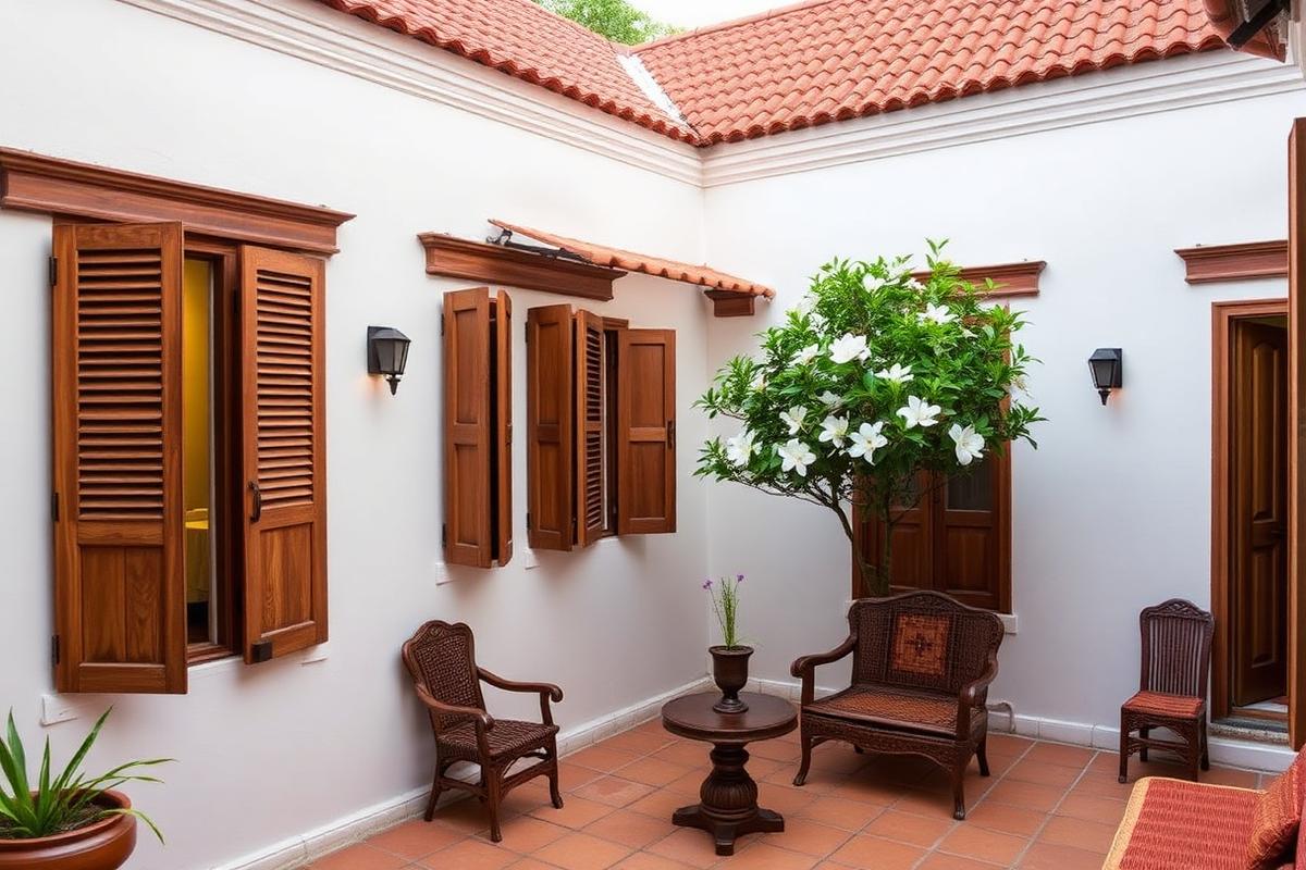 Boutique heritage hotel courtyard in Jaffna Sri Lanka with restored colonial bungalow, terracotta tiled roof, wooden shutters and frangipani tree in soft warm light