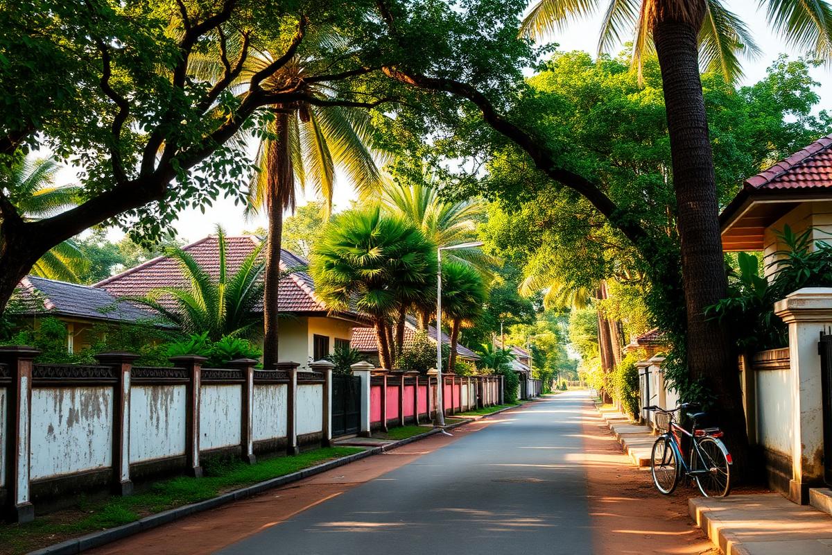 Chundikuli residential area Jaffna Sri Lanka quiet leafy street with old colonial-era bungalows, garden walls, palmyrah and frangipani trees in soft warm afternoon light