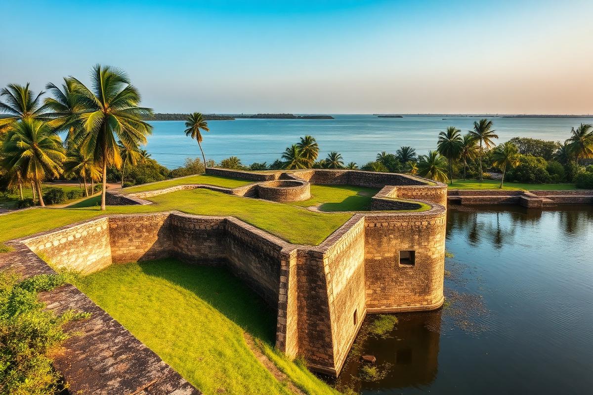 Jaffna Fort Sri Lanka historic Dutch colonial star-shaped fort ramparts with green grass, palmyrah palms and calm lagoon water beyond in soft late-afternoon light